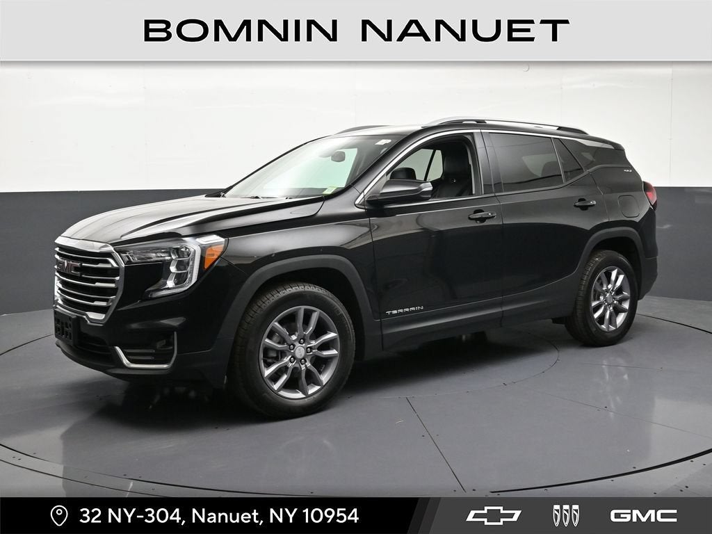 2023 GMC Terrain SLT in Ebony Twilight Metallic — front three-quarter view